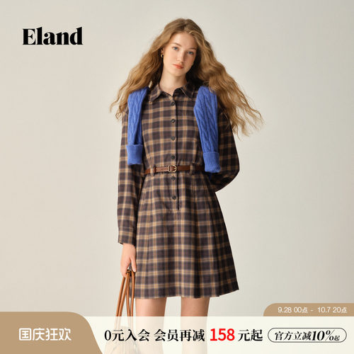 ELAND连衣裙翻领格纹衬衫式