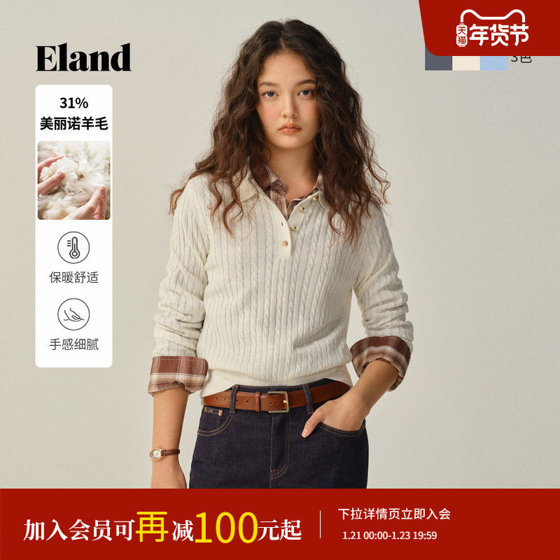 【美丽诺羊毛】Eland衣恋毛衣女翻领显瘦长袖针织衫2025冬季新款,女装/女士精品,毛衣,淘宝优惠券,粉丝福利购,淘宝优惠卷