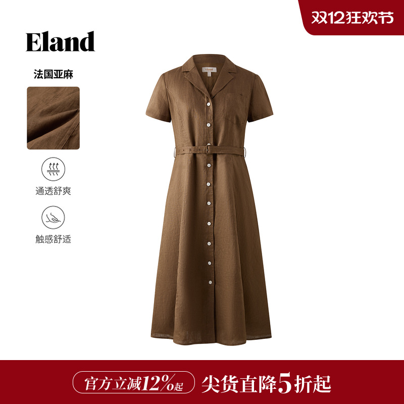 ELAND连衣裙短袖纯色衬衫裙亚麻