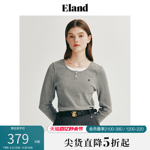 新款 Eland衣恋长袖 弹力上衣2024春季 T恤女舒适假两件针织衫