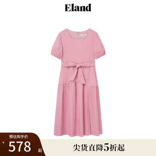 Eland衣恋方领短袖 连衣裙女含莱赛尔浪漫甜美裙子夏季 款