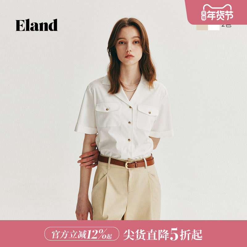 Eland衣恋宽松版翻领衬衫女舒适V领显瘦上衣夏