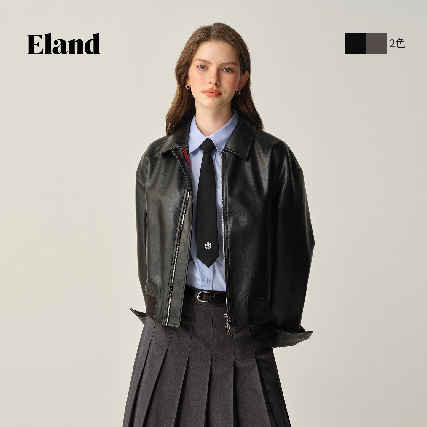 ELAND皮衣纯色长袖翻领