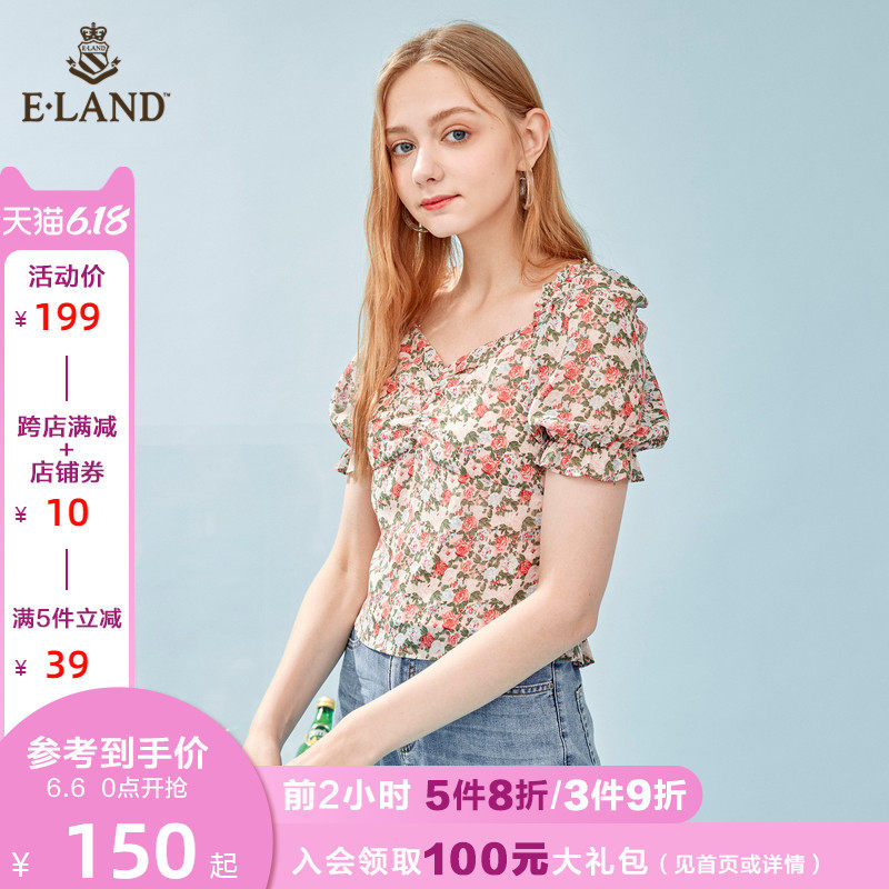 ELAND2020夏季新款清新碎花泫雅风短衬衫泡泡袖女EEBWA66Q4I