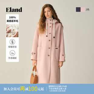 大衣冬季 Eland衣恋毛呢女单排扣长款 新款 100%美丽诺羊毛