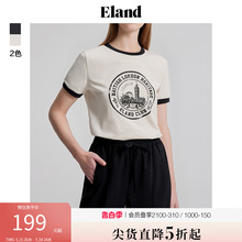 Eland衣恋套头短袖t恤女夏季圆领撞色时尚休闲舒适上衣