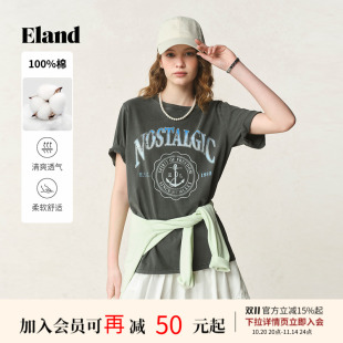 2025夏季 Eland衣恋T恤女学院海军风印花宽松短袖 新款 100%棉