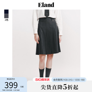 新款 Eland衣恋WOW半身裙简约预科风经典 复古百褶中长裙2024夏季