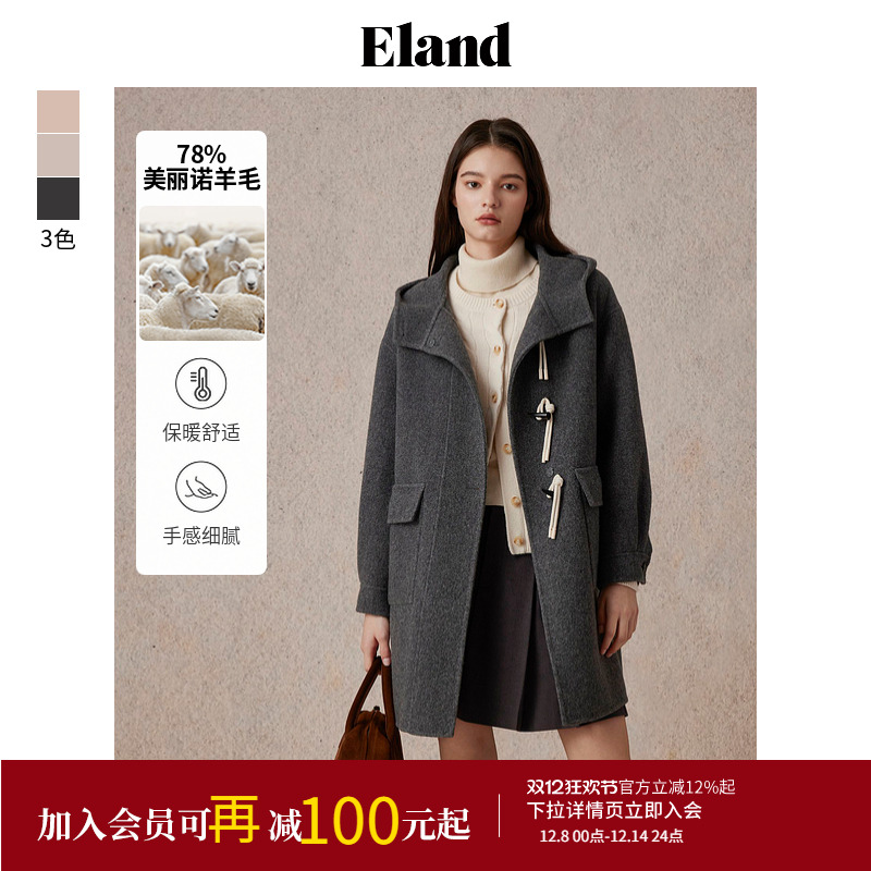 ELAND78%绵羊毛毛呢外套中长款