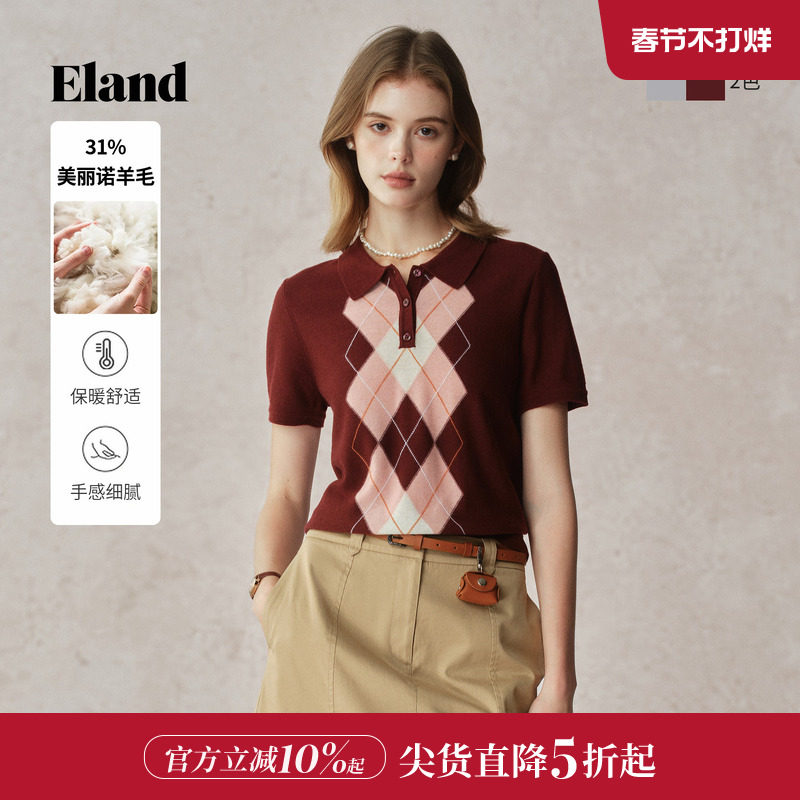 Eland衣恋毛衣针织衫女翻领短袖时尚宽松菱格上衣2025夏季新款