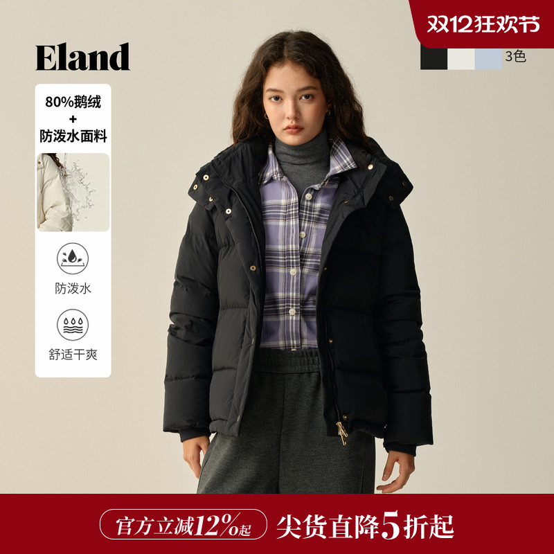 ELAND羽绒服带帽长袖单排扣纯色