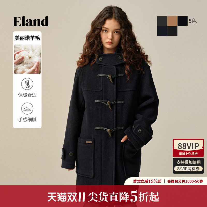 ELAND毛呢外套单排扣连帽含羊毛