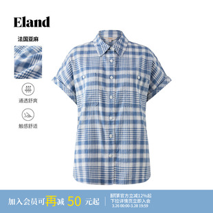 亚麻 格纹上衣冬季 棉 女休闲短袖 新款 Eland衣恋衬衫