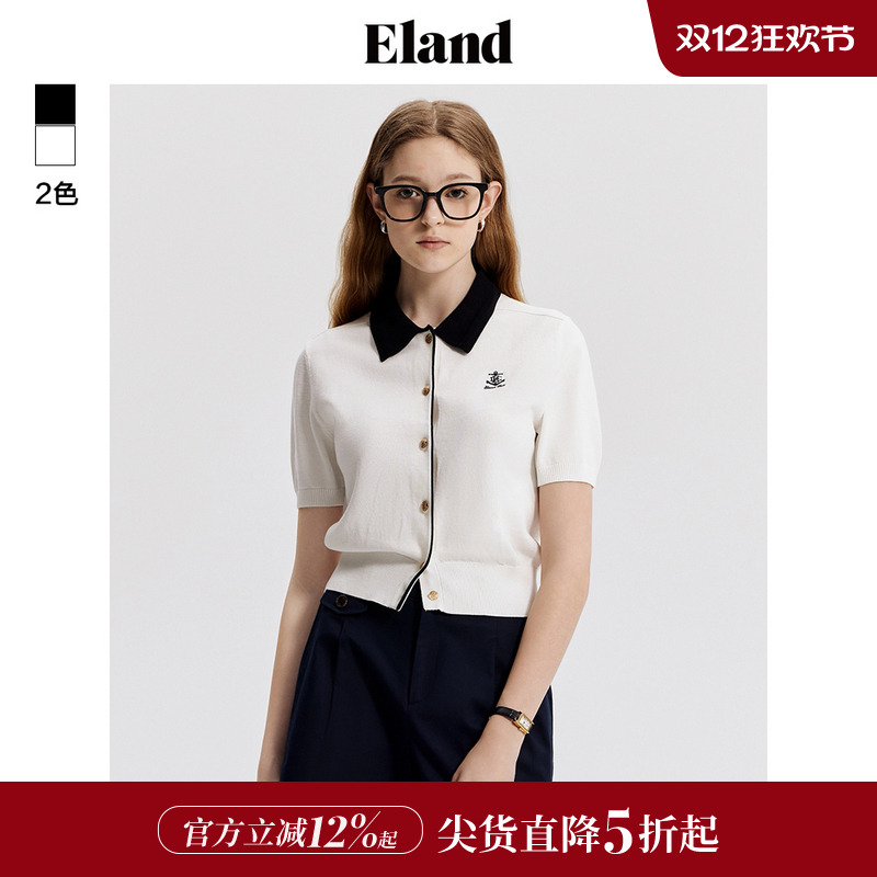 ELAND翻领开襟短袖针织衫