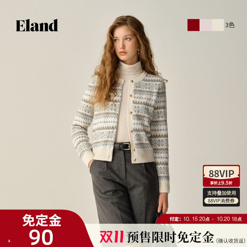 【免定90元】Eland衣恋毛针织衫女费尔岛提花圆领节日氛围开衫冬