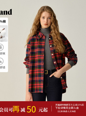 【100%棉】Eland衣恋衬衫女时尚撞色格纹上衣2025冬季新款