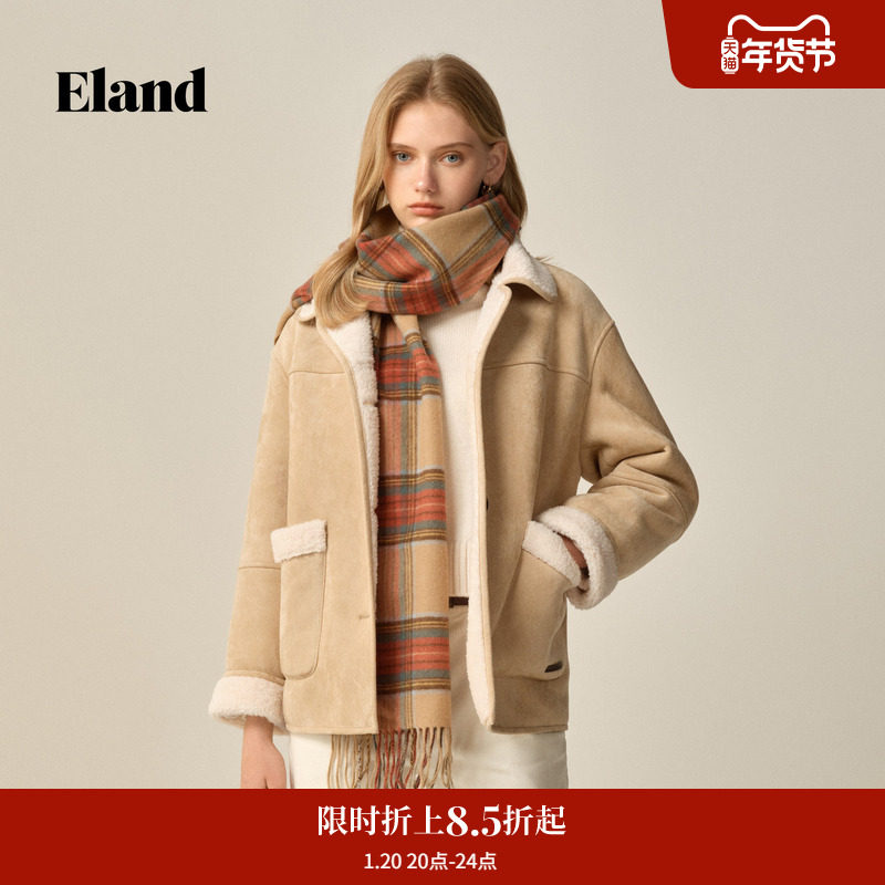 Eland衣恋仿羊羔绒外套摇粒绒外套女大口袋短外套2025冬季新款