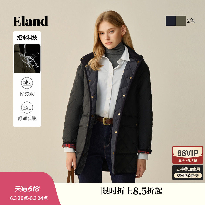 【拒水科技】Eland衣恋棉服女中长款菱格连帽含羊毛外套冬季新款