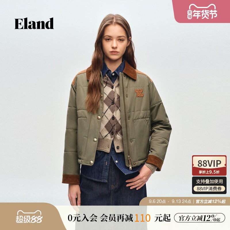 Eland衣恋棉衣女翻领长袖大口袋通勤棉服外套2026春季新款