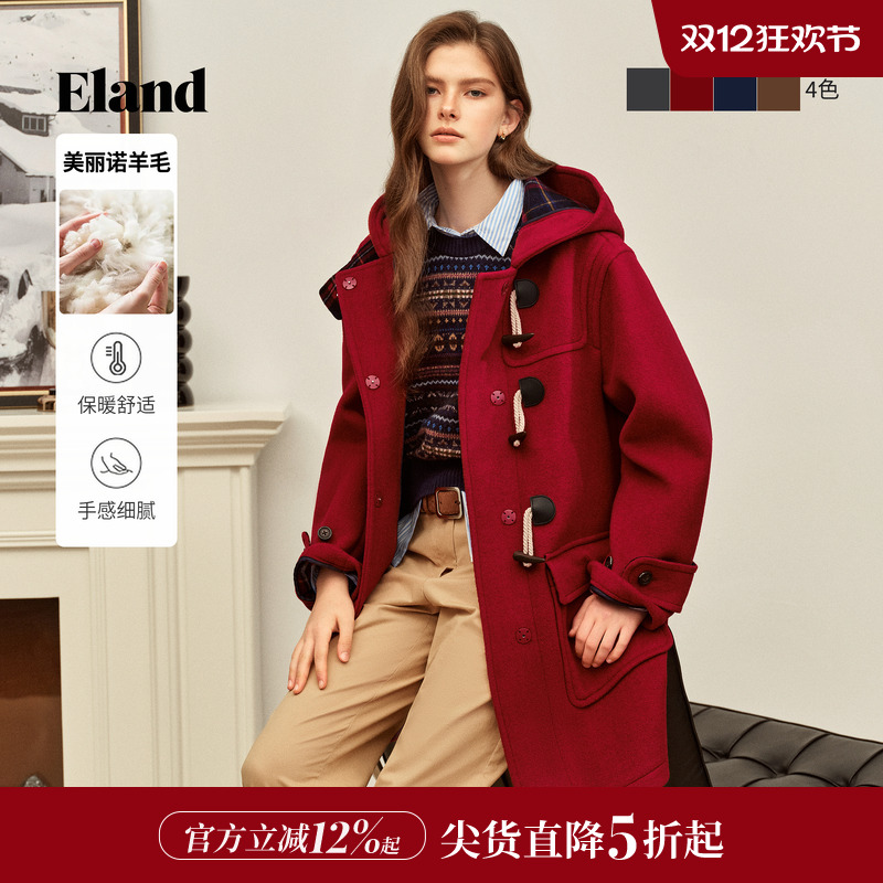 ELAND毛呢外套100%绵羊毛连帽