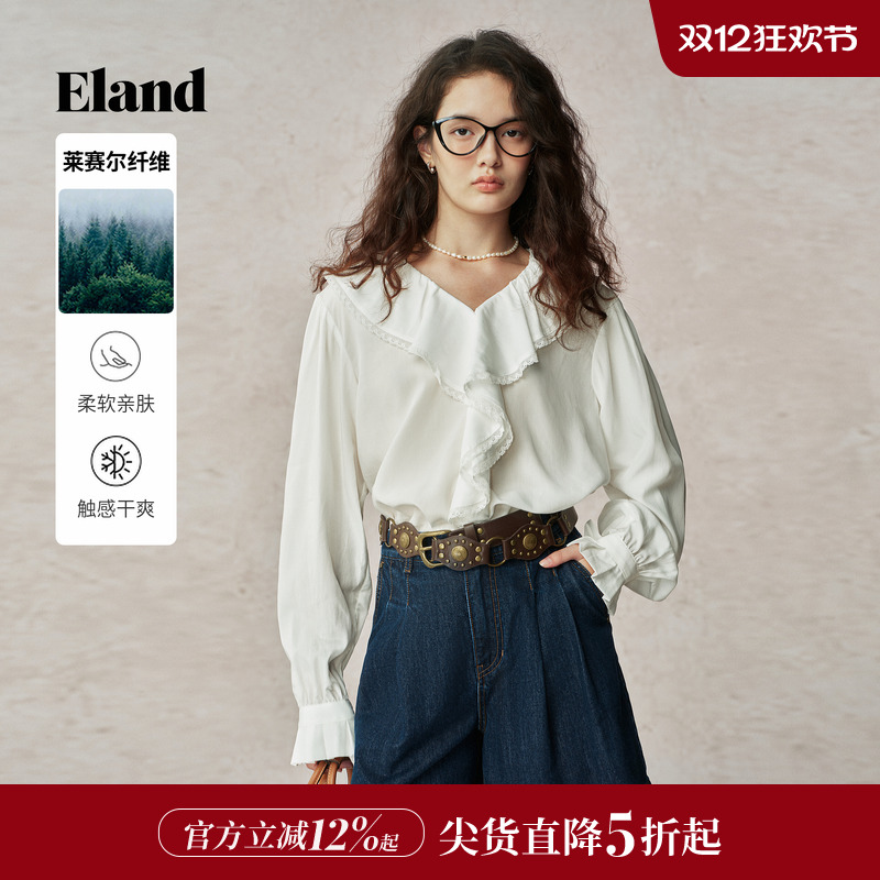 ELAND衬衫长袖花边含莱赛尔