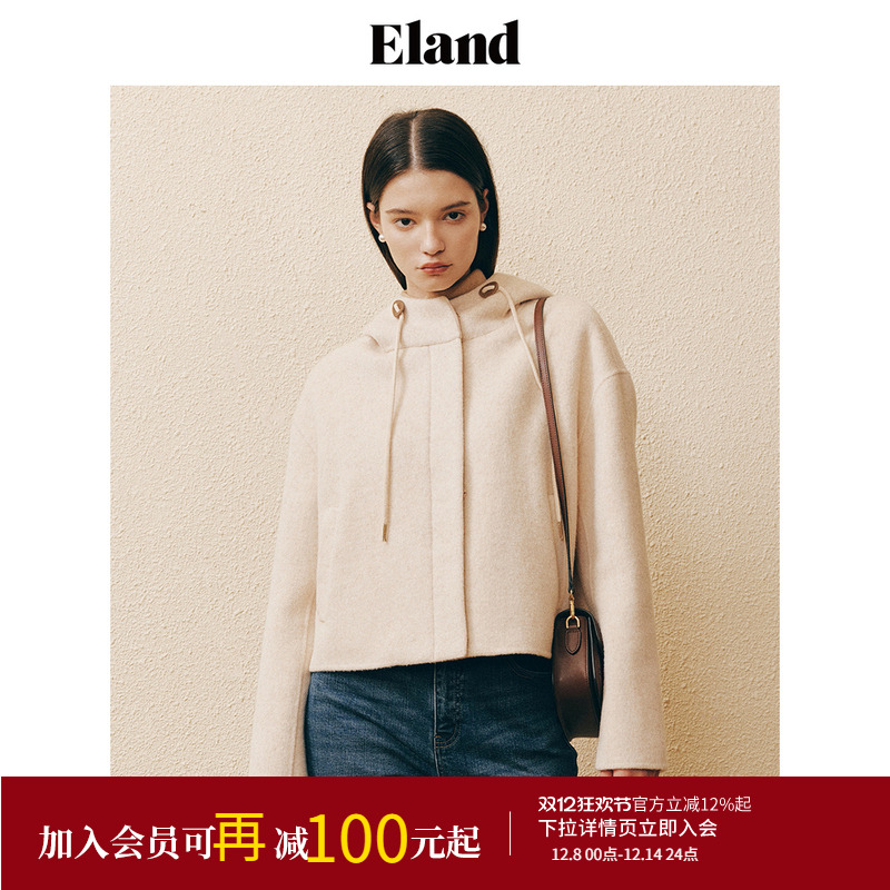 E·LAND短款甜美连帽毛呢外套