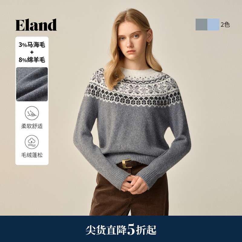ELAND提花长袖针织衫套头
