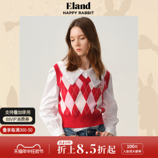 无袖 Eland衣恋学院风背心毛衣女格纹提花马甲针织衫 马夹