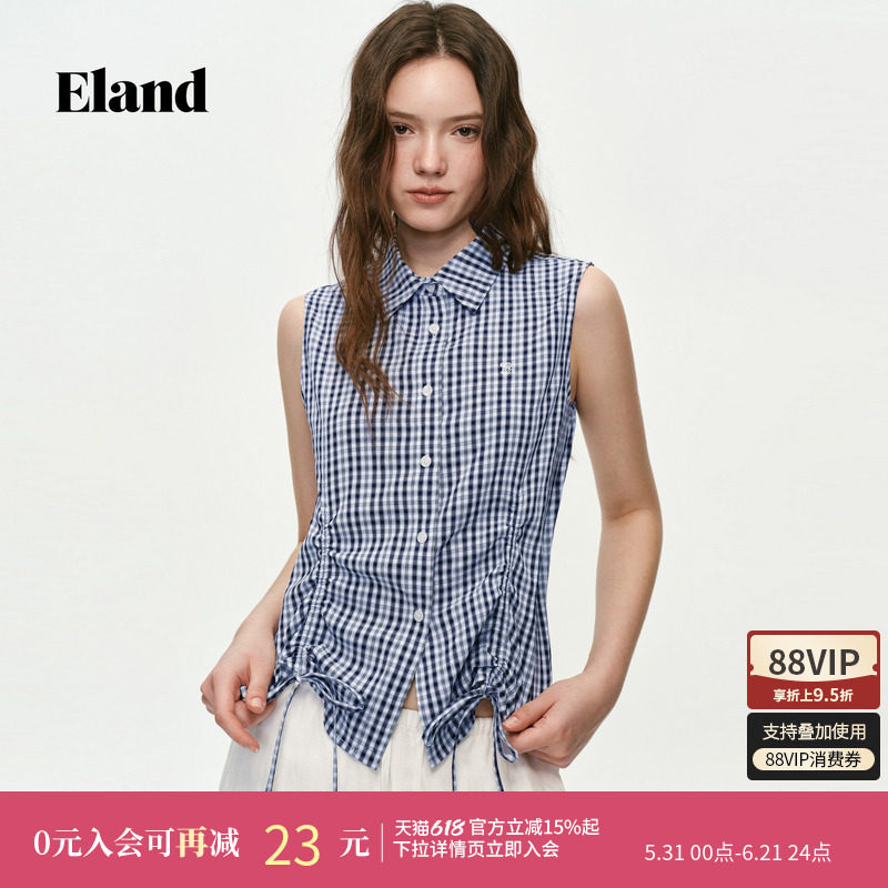 Eland衣恋衬衫女休闲通勤翻领无袖格纹上衣衬衣2026夏季新款