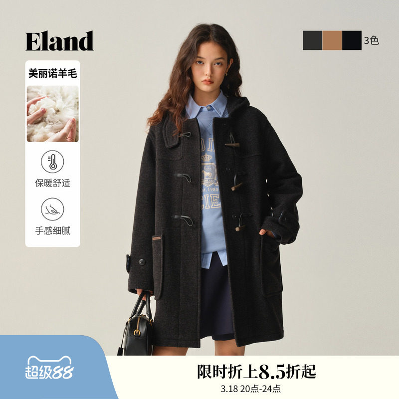 【美丽诺羊毛】Eland衣恋毛呢外套女牛角扣廓形大衣2025冬季新款