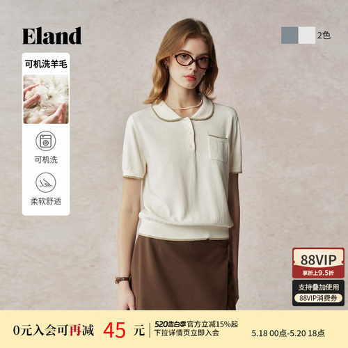 ELAND毛衣女翻领针织T恤短袖