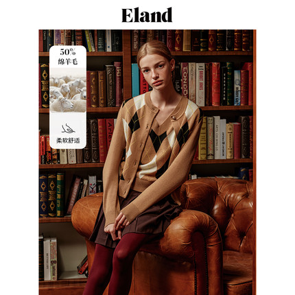 【50%绵羊毛】Eland衣恋毛针织衫女复古圆领格纹外套