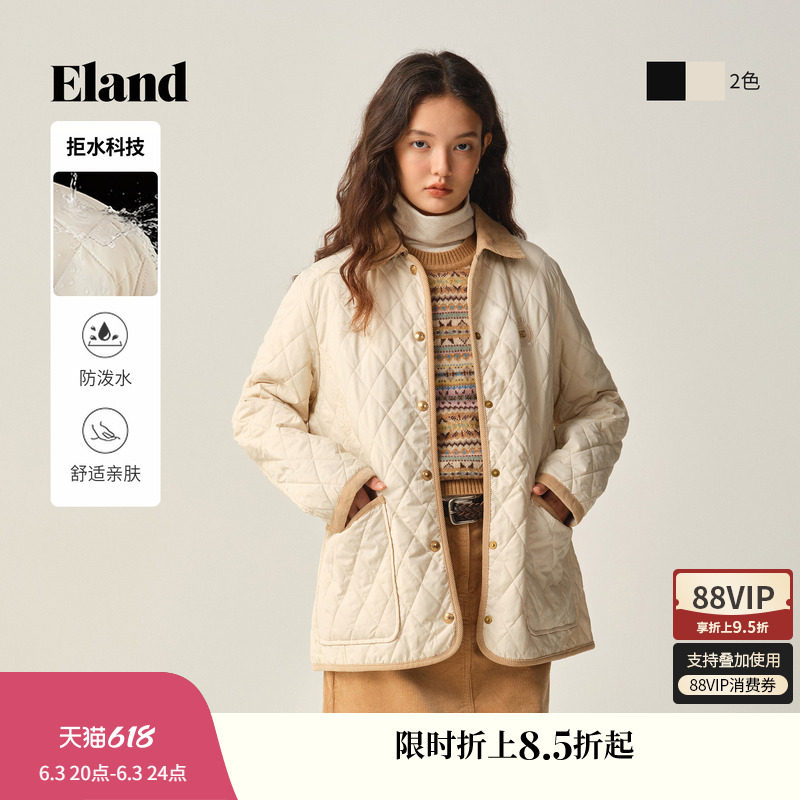 【拒水科技】【含绵羊毛】ELand衣恋棉服女菱格中长款冬新款