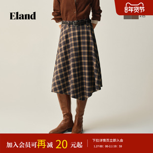 Eland衣恋半身裙女复古格纹显瘦A字伞摆裙2025冬季新款