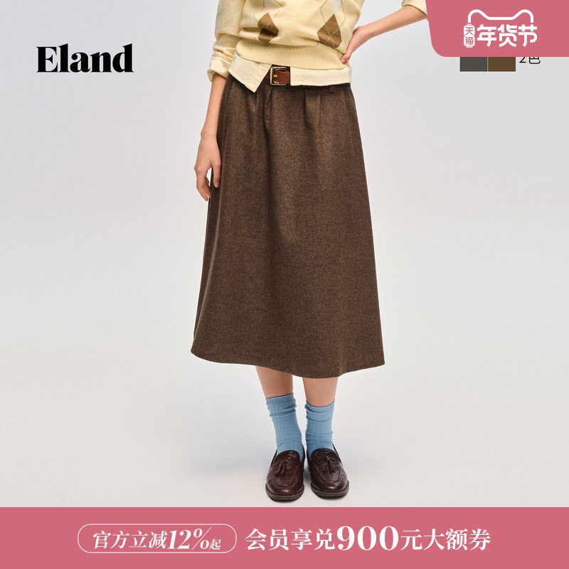 【含绵羊毛】Eland衣恋半身裙女收腰百褶裙A字裙2026春季新