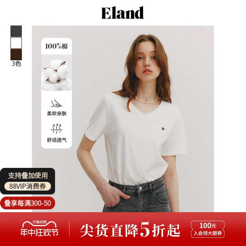 E·LANDV领经典简约刺绣上衣短袖