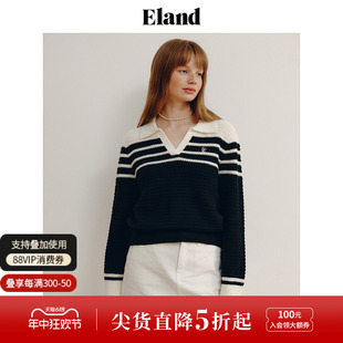 学院风翻领撞色针织毛衣上衣女 Eland衣恋针织上衣女春季