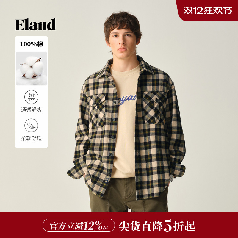 ELAND衬衫格纹长袖撞色