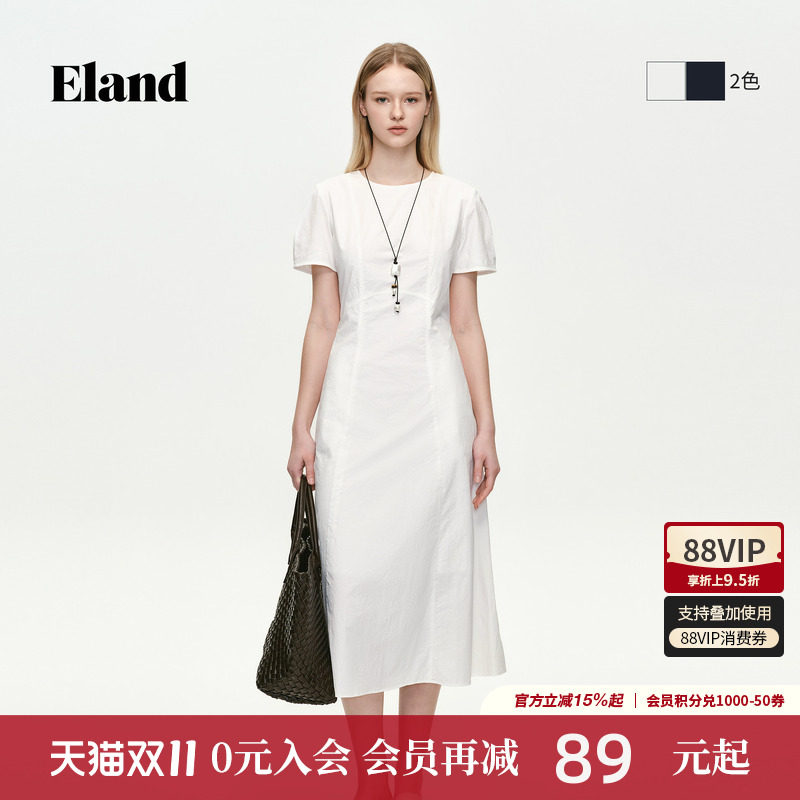 【雅典娜】Eland衣恋连衣裙女连衣裙短袖圆领通勤裙