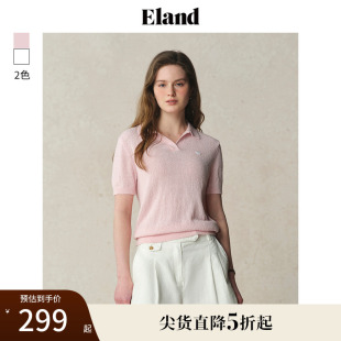 通勤合身舒适上衣25夏新款 Eland衣恋针织T恤女v领百搭甜美风短袖