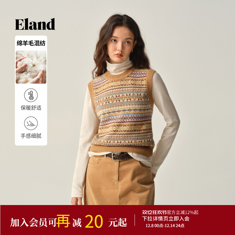 ELAND马夹无袖圆领撞色提花