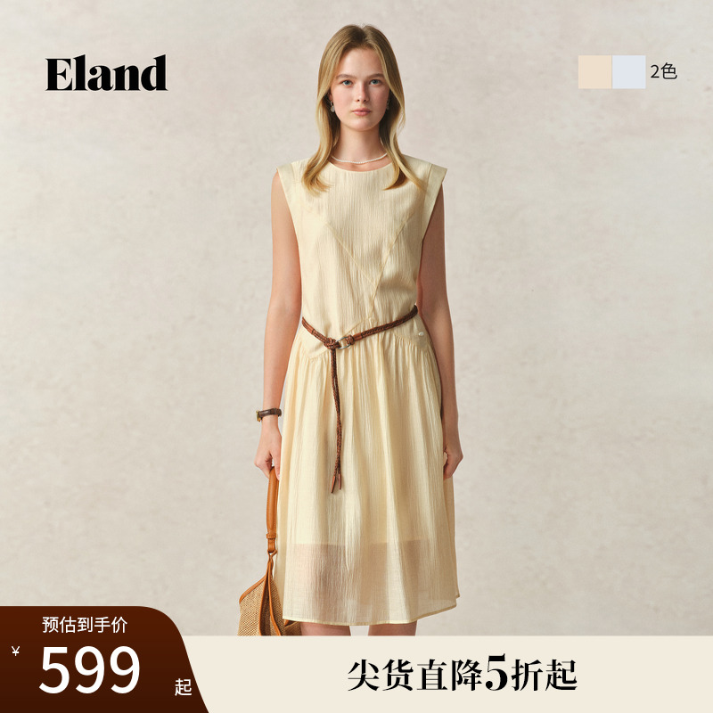 ELAND连衣裙圆领无袖纯色中长薄