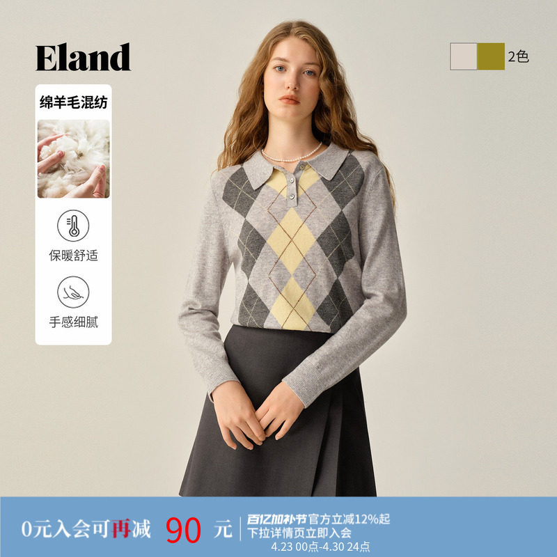 Eland衣恋毛衣女时尚菱格长袖套头针织衫2025冬季新款