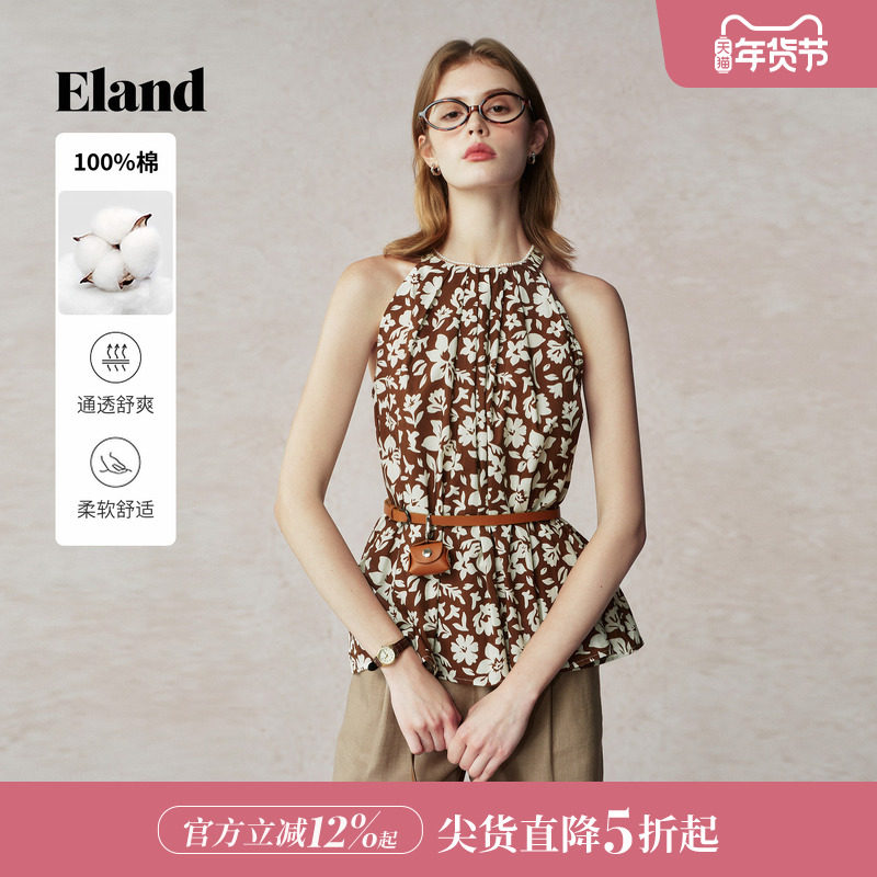 【100%棉】Eland衣恋度假感衬衫女压褶设计挂脖上衣2025夏季新款