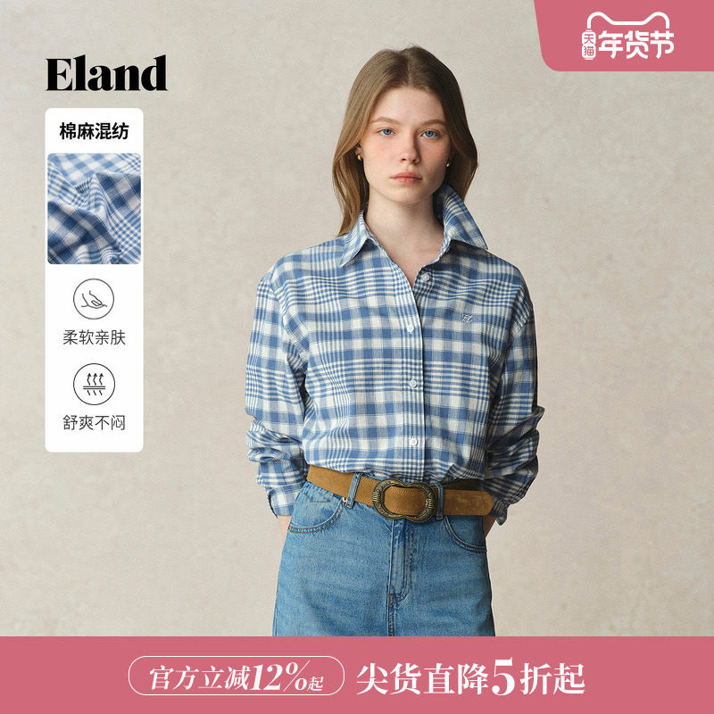【亚麻】Eland衣恋衬衫男女款通勤长袖格纹上衣2025夏季新款