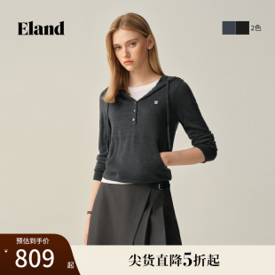 新款 Eland衣恋毛衣女时尚 2025秋季 假两件长袖 连帽针织衫