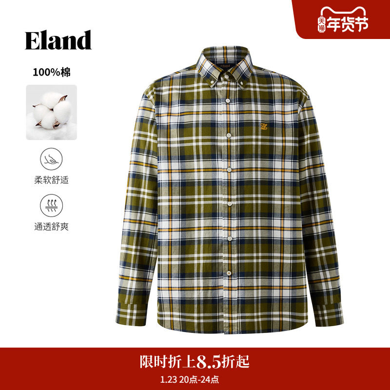 【男装上新】Eland衣恋衬衫学院风宽松长袖格纹上衣2025冬季