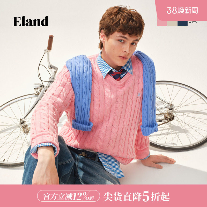 【男装上新】Eland衣恋毛衣时尚圆领绞花套头针织衫2026春季新款