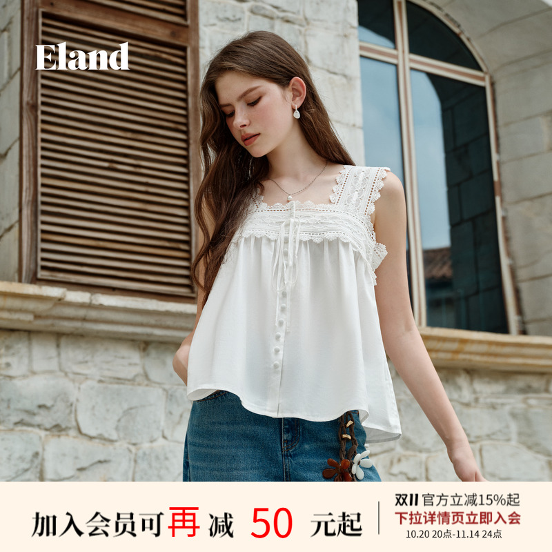 Eland衣恋衬衫女单排扣无袖蕾丝花边胸前系带上衣2025夏季新款