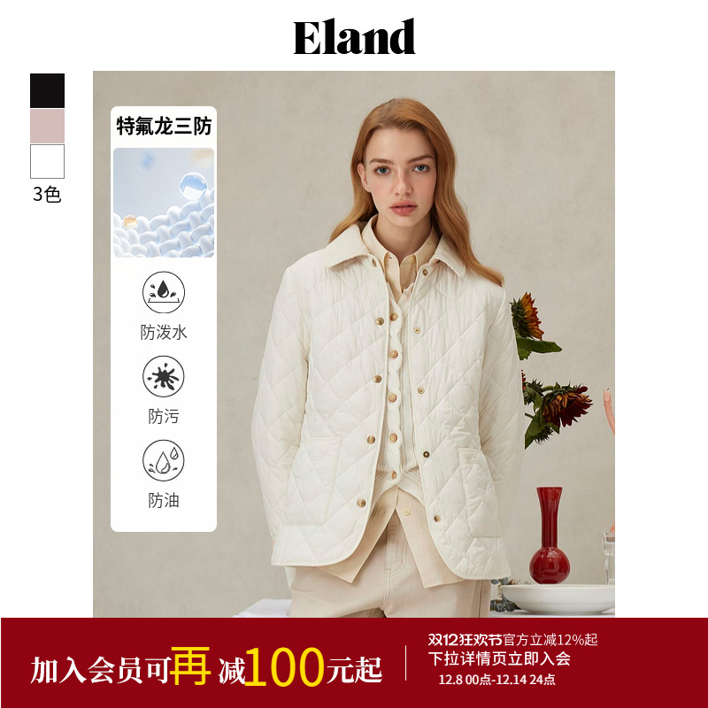 ELAND纯色菱格甜美翻领棉服
